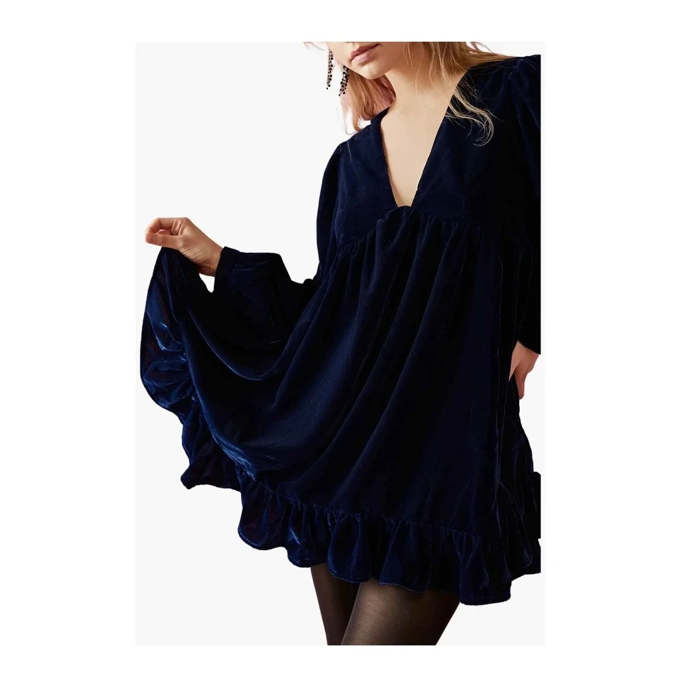 Free People Velvet Babydoll Dress Whimsigoth Boho Renfaire Western Dark Romantic